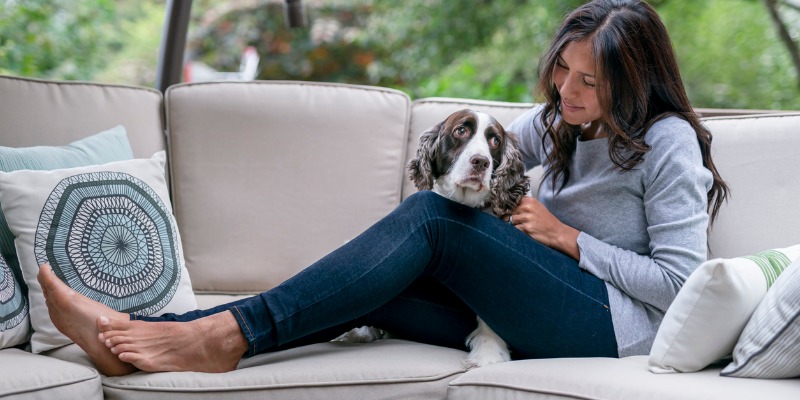 women sitting on sofa with dog